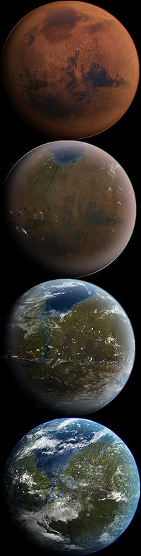 Concepção artística de quatro estágios diferentes da terraformação de Marte.